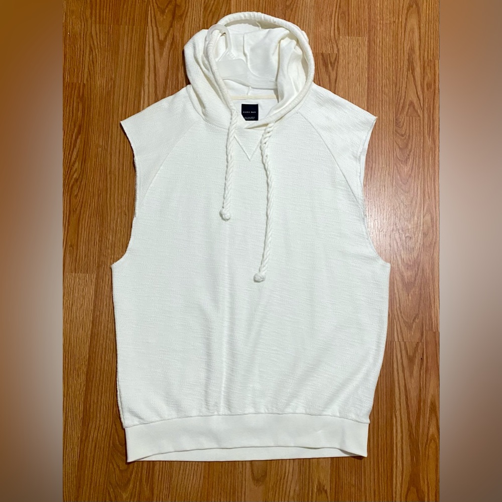 Zara Man Sleeveless Hoodie, Casual Wear Pullover, LG, White, Textured